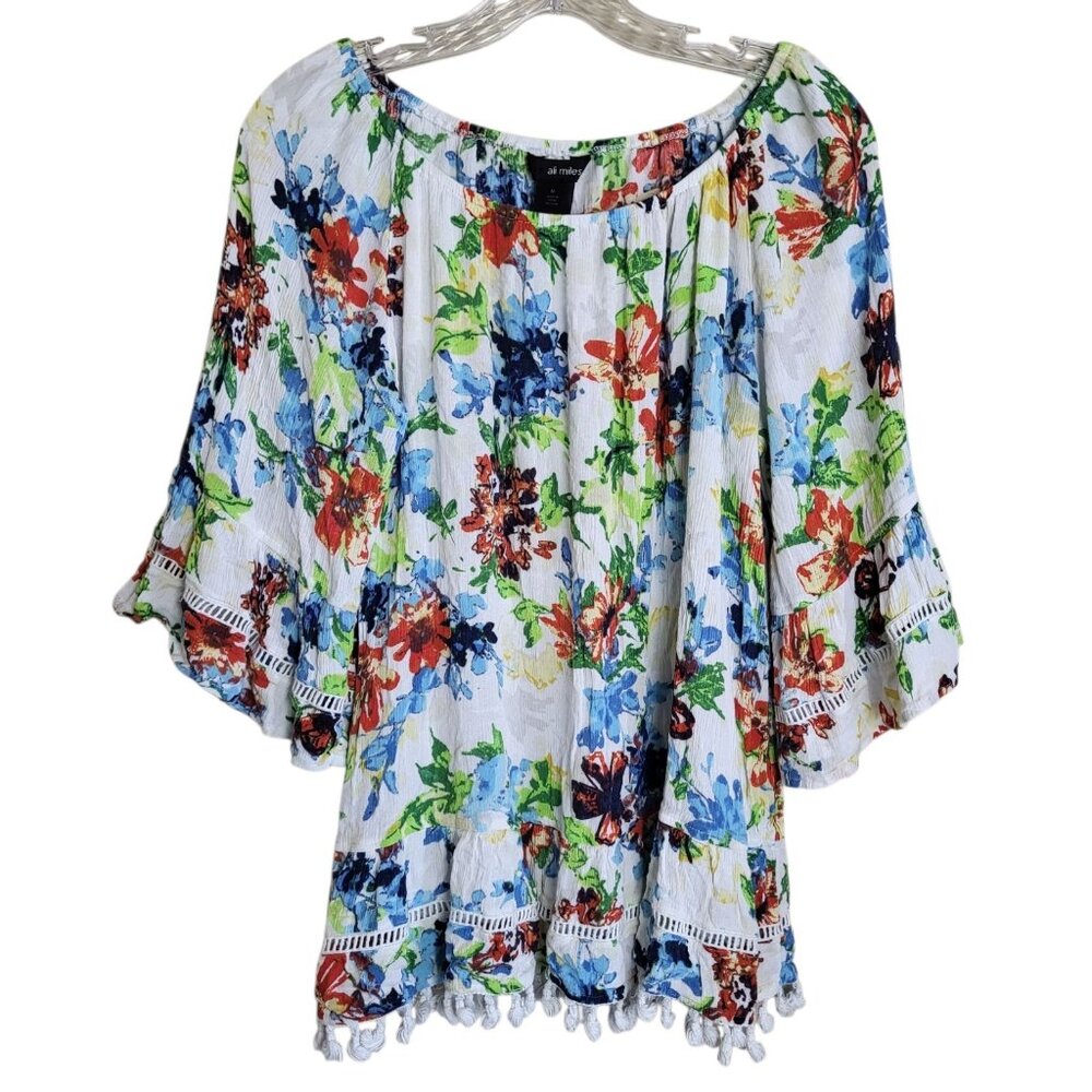 2 for $30 Ali Miles Floral Top Women's Medium Gauzy Ruffled Sleeve‎ Beachy